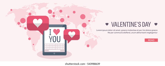 Vector illustration. Flat background with tablet and loudspeaker. Love, hearts. Valentines day. Be my valentine. 14 february.