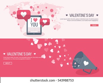 Vector illustration. Flat background with tablet and loudspeaker. Love, hearts. Valentines day. Be my valentine. 14 february.