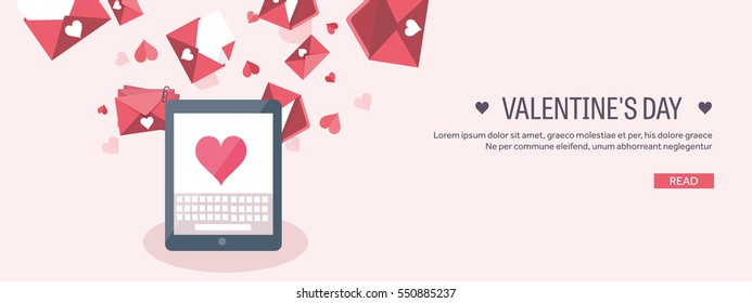 Vector illustration. Flat background with tablet. Love, hearts. Valentines day. Be my valentine. 14 february.