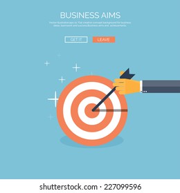 Vector illustration. Flat background with target and hand. Business aims and company strategy. Teamwork and administrative planning.