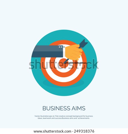 Vector illustration. Flat background with target and hand. Business aims and company strategy. Teamwork and administrative planning.