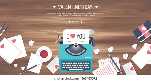 Vector illustration. Flat background with typewriter. Love, hearts. Valentines day. Be my valentine. 14 february.  Wooden texture.