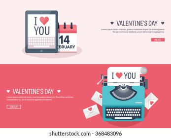 Vector illustration. Flat background with typewriter. Love, hearts. Valentines day. Be my valentine. 14 february.