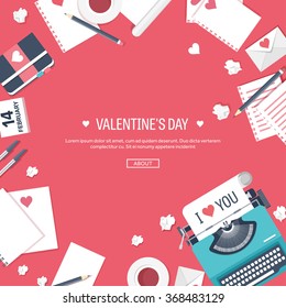 Vector illustration. Flat background with typewriter. Love, hearts. Valentines day. Be my valentine. 14 february.