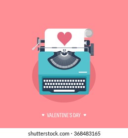 Vector illustration. Flat background with typewriter. Love, hearts. Valentines day. Be my valentine. 14 february.