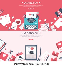 Vector illustration. Flat background with typewriter. Love, hearts. Valentines day. Be my valentine. 14 february.