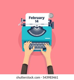 Vector illustration. Flat background with typewriter. Love, hearts. Valentines day. Be my valentine. 14 february.