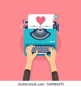 Vector illustration. Flat background with typewriter. Love, hearts. Valentines day. Be my valentine. 14 february.