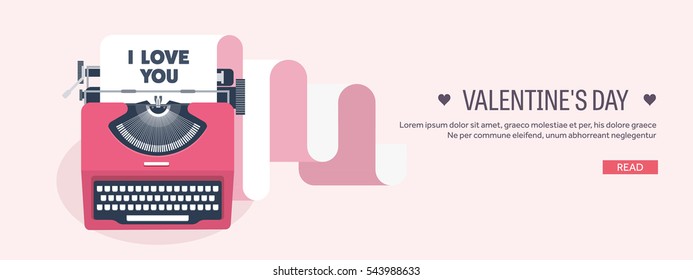 Vector illustration. Flat background with typewriter. Love, hearts. Valentines day. Be my valentine. 14 february.
