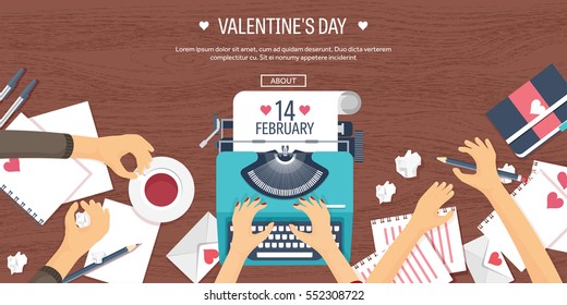 Vector illustration. Flat background with typewriter. Love, hearts. Valentines day. Be my valentine. 14 february.