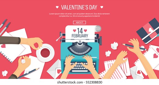 Vector illustration. Flat background with typewriter. Love, hearts. Valentines day. Be my valentine. 14 february.