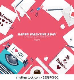 Vector illustration. Flat background with typewriter. Love, hearts. Valentines day. Be my valentine. 14 february.