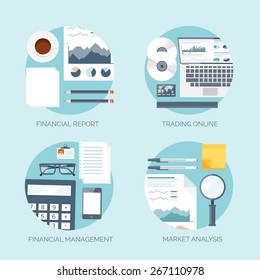 Vector illustration. Flat background. Workplace. Calculator, glasses, laptop, tablet and papers. Documents and finance. Job centre. Business analytics.