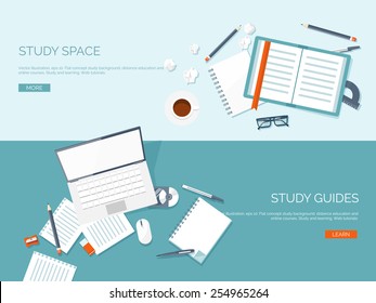 Vector illustration. Flat backgrounds set. Distance education and learning. Online courses and web school. Knowledge and information. Study process. E-learning.