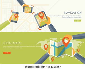 Vector illustration. Flat backgrounds set. Navigation and traveling.  Map pointer and location finding. Web application.