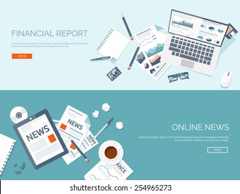 Vector Illustration. Flat Backgrounds Set. Online News. Newsletter And Information. Business And Market News. Financial Report.