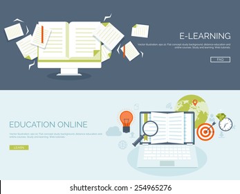 Vector illustration. Flat backgrounds set. Distance education and learning. Online courses and web school. Knowledge and information. Study process. E-learning.