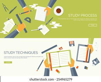 Vector illustration. Flat backgrounds set. Distance education and learning. Online courses and web school. Knowledge and information. Study process. E-learning.