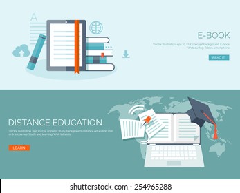  Ilustración vectorial. Conjunto de fondos planos. Educación y aprendizaje a distancia. Cursos en línea y escuela web. Conocimientos e información. Proceso de estudio.Aprendizaje electrónico.