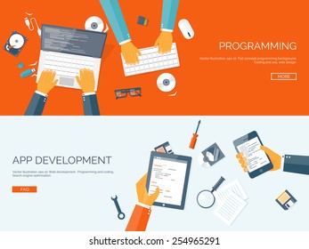 Vector illustration. Flat backgrounds set. Programming and coding online. Web courses. Internet and web design. App development.