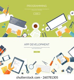 Vector illustration. Flat backgrounds set. Programming and coding online. Web courses. Internet and web design. App development.