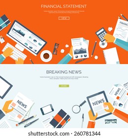 Vector illustration. Flat backgrounds set. Online news. Newsletter and information. Business and market news. Financial report.