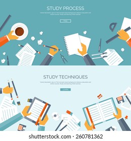 Vector illustration. Flat backgrounds set. Distance education and learning. Online courses and web school. Knowledge and information. Study process. E-learning.