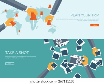 Vector illustration. Flat backgrounds set. Navigation and travelling.  Map pointer and location finding. Web application. Photoshooting.