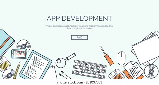 Vector illustration. Flat backgrounds set. Programming and coding online. Web courses. Internet and web design. App development.