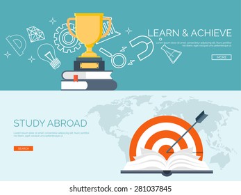 Vector illustration. Flat backgrounds set. Distance education and learning. Online courses and web school. Knowledge and information. Study process. E-learning.