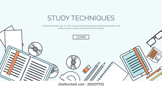 Vector illustration. Flat backgrounds set. Distance education and learning. Online courses and web school. Knowledge and information. Study process. E-learning.