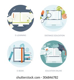 Vector illustration. Flat backgrounds set. Distance education and learning. Online courses and web school. Knowledge and information. Study process. E-learning.