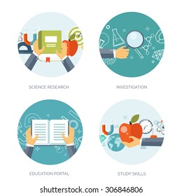 Vector illustration. Flat backgrounds set. Distance education and learning. Online courses and web school. Knowledge and information. Study process. E-learning.