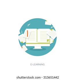 Vector illustration. Flat backgrounds set. Distance education and learning. Online courses and web school. Knowledge and information. Study process. E-learning.