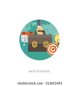 Vector illustration. Flat backgrounds set. Distance education and learning. Online courses and web school. Knowledge and information. Study process. E-learning.