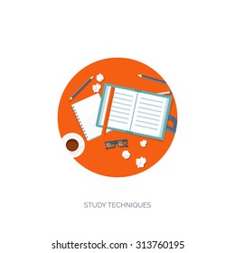 Vector illustration. Flat backgrounds set. Distance education and learning. Online courses and web school. Knowledge and information. Study process. E-learning.