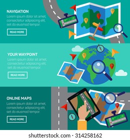 Vector illustration. Flat backgrounds set. Navigation and traveling. Map pointer and location finding. Web application.