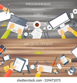 Vector illustration. Flat backgrounds set. Programming and coding online. Web courses. Internet and web design. App development. Wood.