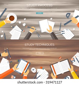Vector illustration. Flat backgrounds set. Distance education and learning. Online courses and web school. Knowledge and information. Study process. E-learning. Wood.
