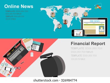 Vector illustration. Flat backgrounds set. Online news. Newsletter and information. Business and market news. Financial report.