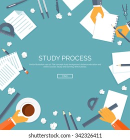 Vector illustration. Flat backgrounds set. Distance education, learning. Online courses, web school. Knowledge, information. Study process. E-learning. 