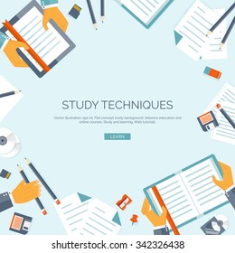 Vector illustration. Flat backgrounds set. Distance education, learning. Online courses, web school. Knowledge, information. Study process. E-learning.