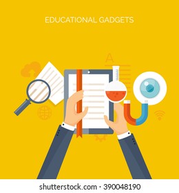 Vector illustration. Flat backgrounds set. Distance education,learning. Online courses, web school. Knowledge,information. Study process. E-learning.