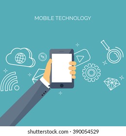 Vector illustration. Flat backgrounds set. Data transfer. Cloud computing, mobile technology. Internet, network.