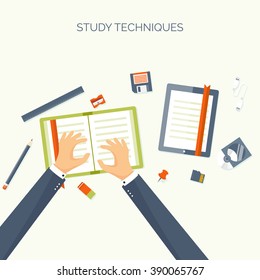 Vector illustration. Flat backgrounds set. Distance education,learning. Online courses, web school. Knowledge,information. Study process. E-learning.