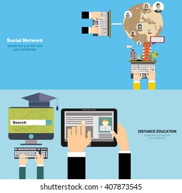 Vector illustration. Flat backgrounds set. Distance education and learning. Online courses and web school.Global social network abstract scheme.