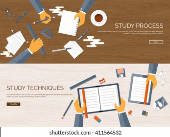 Vector illustration. Flat backgrounds set. Distance education,learning. Online courses, web school. Knowledge,information. Study process. E-learning.