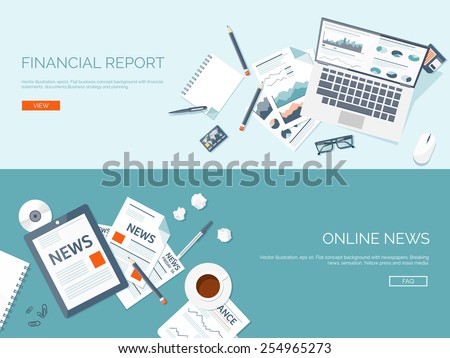 Vector illustration. Flat backgrounds set. Online news. Newsletter and information. Business and market news. Financial report.