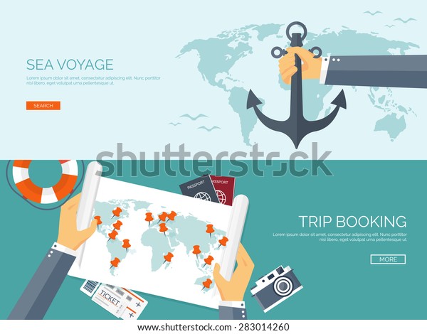 Vector illustration. Flat backgrounds set. Travel and\
exploring. Trip, voyage. Summer vacation, holidays. Train, bus,\
plane, car. 