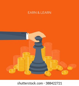 Vector illustration. Flat background.Strategy. Money and money making. Web payments. World currency. Internet store, shopping. Pay per click. Business.